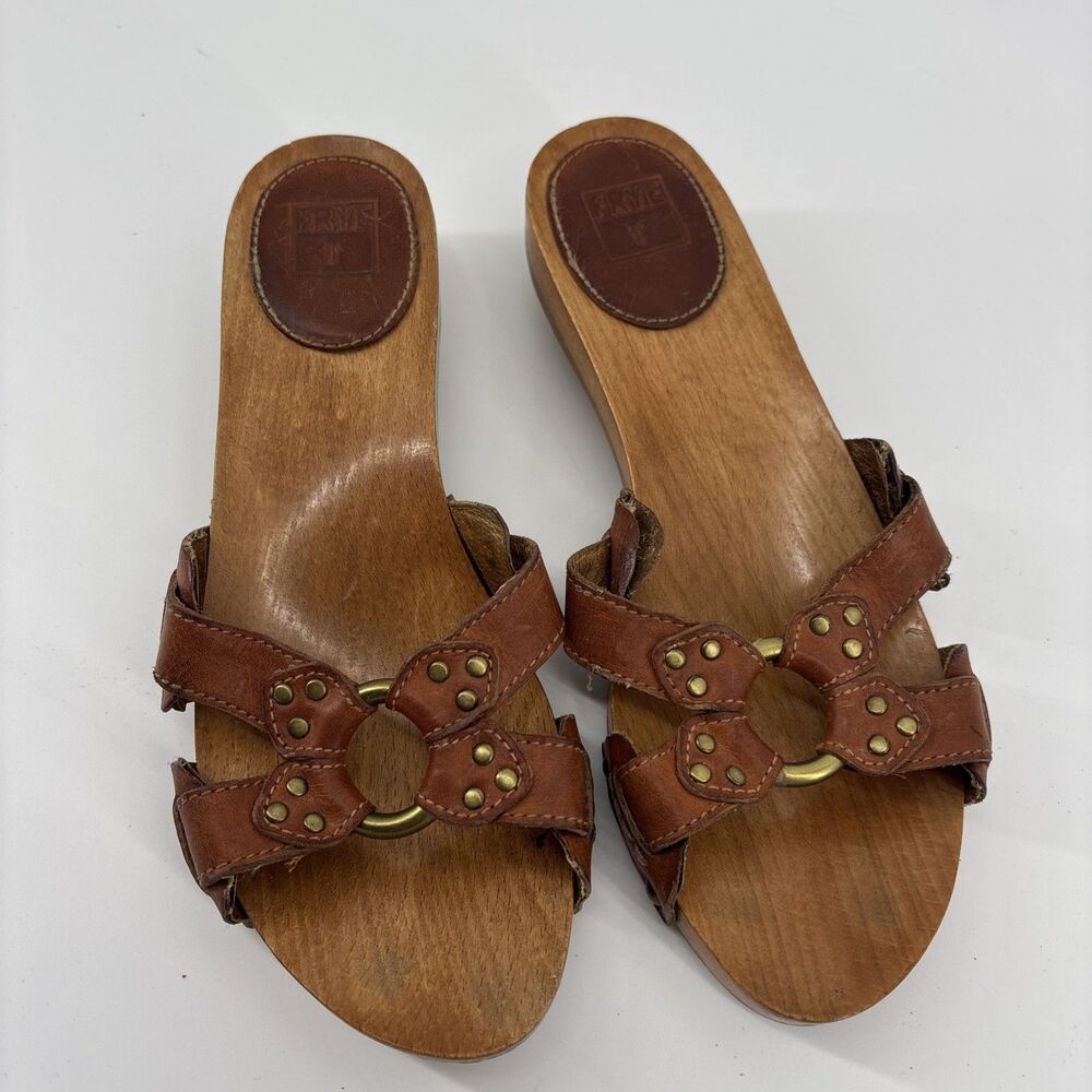 Vintage FRYE Ellie Ring Studded Slides Wood Brown Leather Sandals Women US 8M